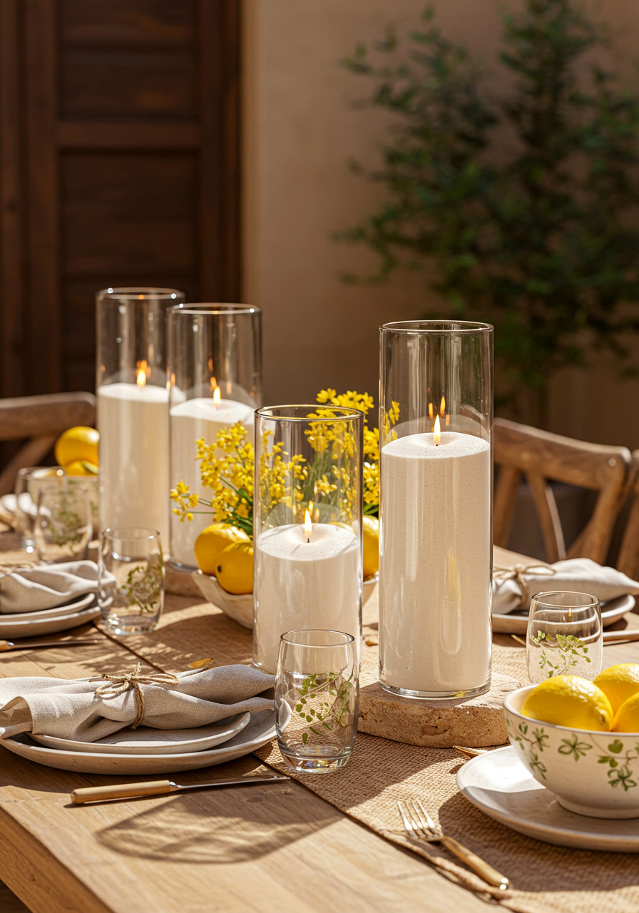 Tall glass candles glowing warmly at a wedding reception